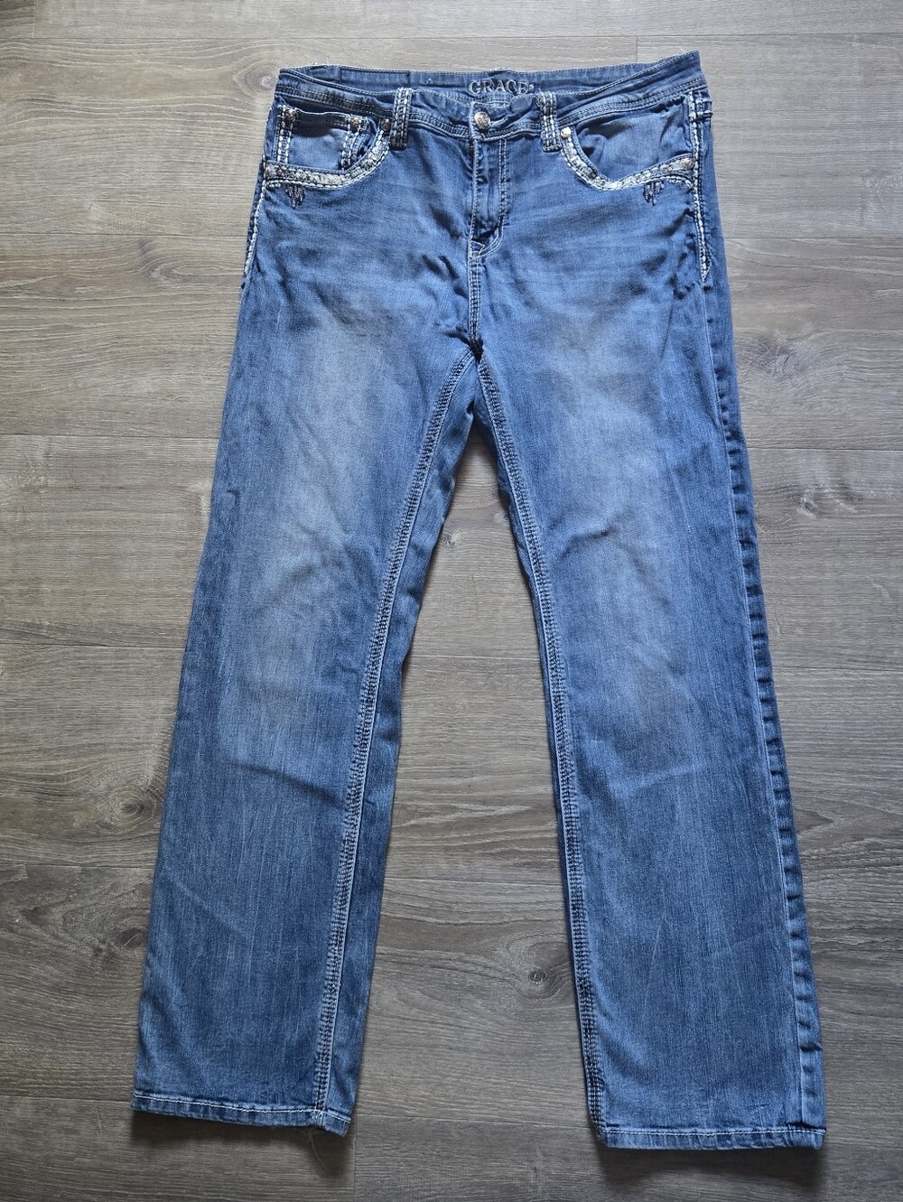 Grace Blue Men’s Straight Jeans with Embellished Pockets